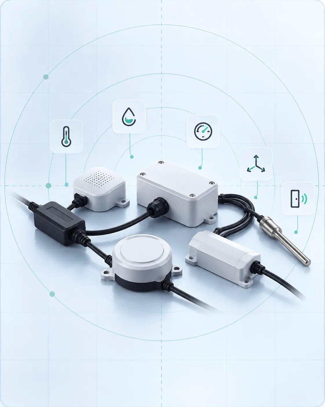 سنسورهای IoT سفید و خاکستری متصل با کابل، همراه با نمادهای دما، رطوبت، فشار، ارتعاش و حرکت