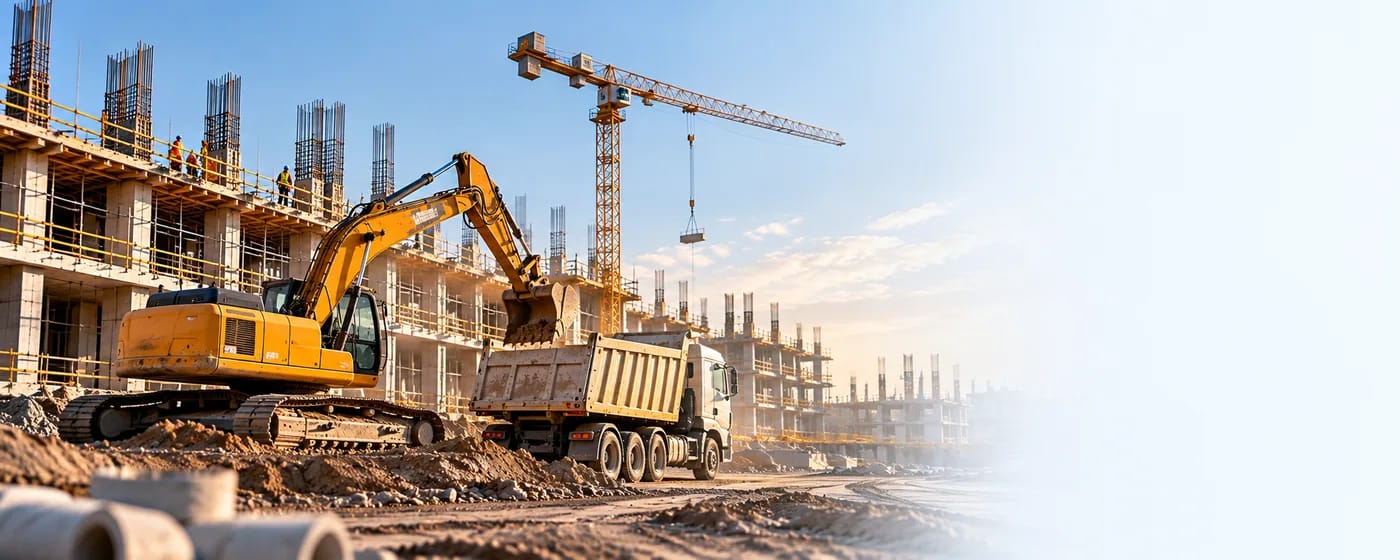 بیل مکانیکی و کامیون در یک پروژه ساختمانی با جرثقیل